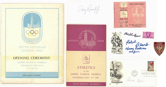 Lot of (7) 1948 Olympics Memorabilia: Opening Program, Ticket Stub, Pin & Signed Stamp Cachets (JSA)